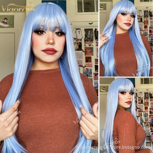Light Blue Wig with Bangs Synthetic Long Straight Wigs with Bang 26 Inch Cosplay Wigs for Women Halloween